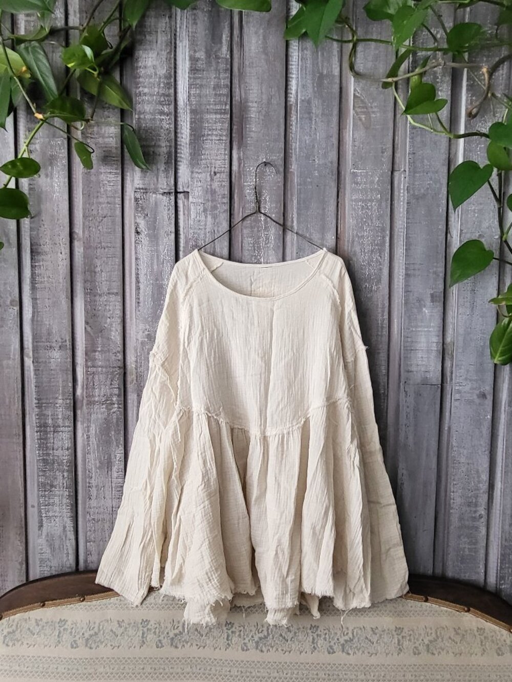 CREAM COTTON GAUZE LONG SLEEVE BABYDOLL TUNIC RAW EDGE BOHO BLOUSE